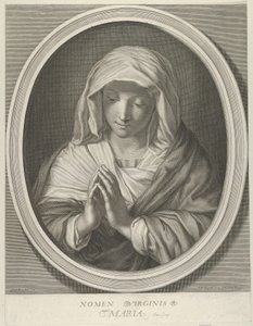 Modląca się Dziewica spoglądająca w dół, w owalnej ramie, według Reni, 1640-93. autorstwa François de Poilly