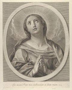 Dziewica w modlitwie, patrząca w górę z chmurami za sobą, w owalnej ramie, według Reni, ..., 1648-81. autorstwa François de Poilly