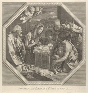 Adoracja pasterzy klęczących razem tuż przed Dzieciątkiem Chrystusem..., ok. godz. 1655-93. autorstwa François de Poilly