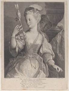 Młoda kobieta przędząca nić do strzały, 1686-1741. autorstwa François de Poilly