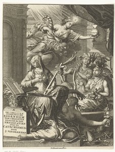 Alegoria z kobiecymi personifikacjami m.in. prawdy oraz ewentualnie cnót i wad Strona tytułowa dla: Johannes van der Kemp, Chrześcijanin w życiu i śmierci całkowicie należy do Chrystusa, przedstawia w 53 kazaniach o autorstwa François van Bleyswijck
