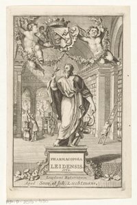 Asklepios Titelpagina voor: S.n., Farmakopea Leiden, ustanowiona władzą największych sędziów, 1770