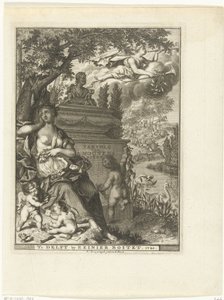 Muza i putta siedzą przy grobie poety Arnolda Moonena Strona tytułowa dla: Arnold Moonen, Continued der poëzye, Delft 1720 Kontynuacja A. Moonens Poezy (tytuł na obiekcie) autorstwa François van Bleyswijck