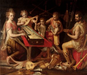 Music Characters vetus ma starożytne otoczenie instrumentów muzycznych, które tworzą alegorię. Obraz Fransa Florisa (1515-1570) Geny z XVI wieku, kolekcja prywatna autorstwa Frans Floris