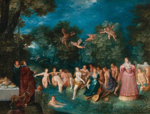 Diana i jej nimfy w kąpieli, w tle polowanie na jelenie, ok. 1606 r.