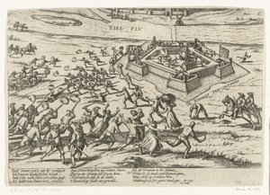Przyjęcie reduty w Zutphen, 1591 Seria 10: Wydarzenia holenderskie i zagraniczne, 1587-1612 (tytuł serii) autorstwa Frans Hogenberg (workshop of)