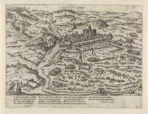 Oblężenie Saint-Quentin, 1557 S. Quintin belägert (tytuł na obiekcie) Seria 2: Wydarzenia w Holandii, 1555-1558 (tytuł serii) autorstwa Frans Hogenberg