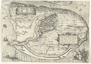 Kaart van het eiland Voorne en plattegrond van Brielle, 1572 Brillium, Holandia op. z powodu morderczej wojny holenderskiej, która w roku zwycięstwa Zbawienia w 72 r. n.e w upale kwietnia zaczął tutaj, sławny (tytuł na obiekcie) autorstwa Frans Hogenberg