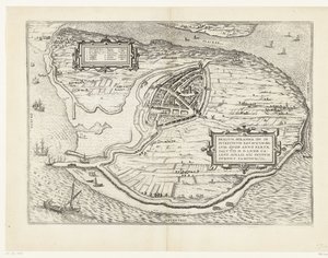 Kaart van het eiland Voorne en plattegrond van Brielle, 1572 Brillium, Holandia op. z powodu morderczej wojny holenderskiej, która w roku zwycięstwa Zbawienia w 72 r. n.e w upale kwietnia zaczął tutaj, sławny (tytuł na obiekcie) autorstwa Frans Hogenberg