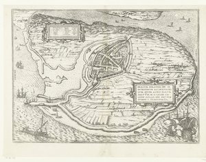 Kaart van het eiland Voorne en plattegrond van Brielle, 1572 Brillium, Holandia op. z powodu morderczej wojny holenderskiej, która w roku zwycięstwa Zbawienia w 72 r. n.e w upale kwietnia zaczął tutaj, sławny (tytuł na obiekcie)
