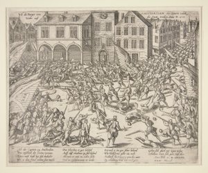 Jak hamburgery z Amstelredam the Staten volck Wider au? Jak mieszkańcy Amsterdamu wypędzili wojska z miasta? autorstwa Frans Hogenberg