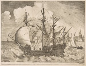 Uzbrojony czteromasztowiec wypływający na morze z żaglowców, ok. godz. 1555-56. autorstwa Frans Huys
