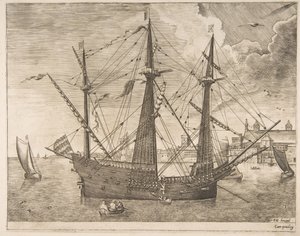 Uzbrojony trójmistrz zakotwiczony w pobliżu miasta z żaglowców, ca. 1555-56. autorstwa Frans Huys