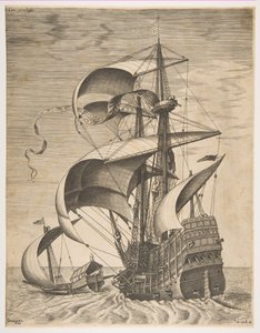 Uzbrojony trójmistrz na otwartym morzu w towarzystwie kuchni, z serii Żaglowce..., 1561-65. autorstwa Frans Huys