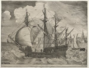 Żaglowce: uzbrojony czteromasztowiec wypływający na morze, 1561-65. autorstwa Frans Huys