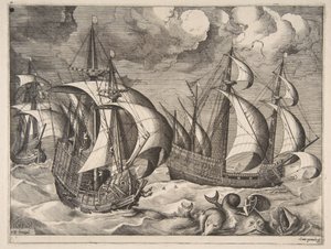 Trzy karawele podczas narastającego szkwału z Arionem na delfinie z filmu „Żaglujące statki”, 1561-65. autorstwa Frans Huys