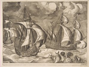 Trzy karawele podczas narastającego szkwału z Arionem na delfinie z filmu „Żaglujące statki”, 1561-65. autorstwa Frans Huys