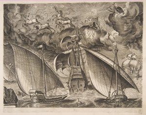 Dwie galery płynące za uzbrojonym trójmistrzem z Faetonem i Jowiszem na niebie, f..., 1561-65. autorstwa Frans Huys