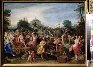 „Pochód Bachusa” przedstawienie bachantki, satyrów i bachantek tańczących, grających. Obraz Franza (Fransa) Franckena II Młodszego (1581-1642) (ec.flam.) XVII-wieczne Państwowe Muzeum Sztuki, Tula, Rosja
