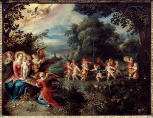 Madonna ma dziecko w otoczeniu muzyków i tańczących aniołów. Obraz Fransa Le Jeune Frankena (1581-1642) Ec. Bujda.