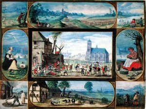 Złożony z dziesięciu alegorycznych scen z życia w mieście i na wsi (gwasz ze złotymi akcentami na welinie) autorstwa Frans II the Younger Francken