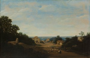 Brazylijski krajobraz z wioską Igaraçú. Po lewej kościół św. Kosmy i Damiana autorstwa Frans Post