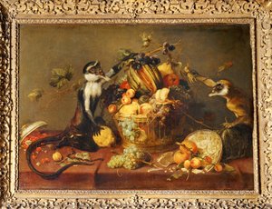 Dwie małpy napadające na kosz owoców ... autorstwa Frans Snyders