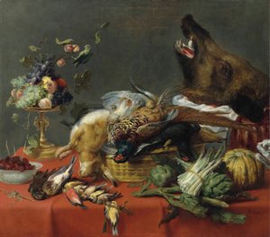 Stół zastawiony dziczyzną, owocami, warzywami i głową dzika autorstwa Frans Snyders