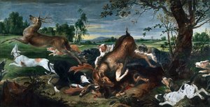 Polowanie na jelenie, Frans Snyders (1579-1657), olej na płótnie, 220x420 cm.