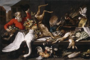 Martwa natura z martwą zwierzyną, owocami i warzywami na targu, 1614