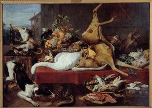 Martwa natura z jeleniem Dziczyzna (bażant, gęś, jeleń), kawałek ryby, krab, rośliny strączkowe. obraz Fransa Snydersa (1579-1657)