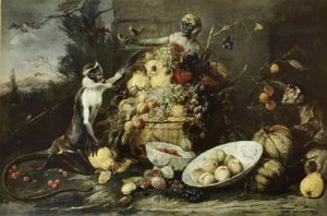Trzy małpy kradnące owoce, z widokiem na krajobraz autorstwa Frans Snyders
