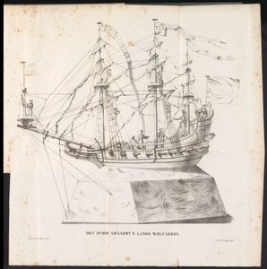 Statek jako pływak w procesji na Saint Rombout, 1825 Statek nazywa się Lands Welvaeren (tytuł na obiekcie)