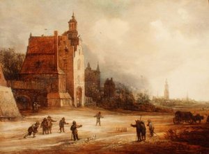 Żołnierze grający w kręgle na drodze, Breda za nią