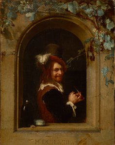 Człowiek z fajką w oknie - Człowiek z fajką w oknie, autorstwa Mieris, Frans van Mieris de Oudere lub Starszy (1635-1681). Olej na drewnie, ok. 1658. Rozmiar: 20x15,5 cm. Muzeum Narodowe Brukenthal, Sybin autorstwa Frans van Mieris