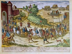 Wjazd księcia Ferdynanda Alvare z Toledo lub Fernando Alvarez de Toledo y Pimentel (1508-1582), 3. księcia Alba de Tormes, do Brukseli 08.08.1567 r. wraz z armią hiszpańską. 1653 Druk Franza Hogenberga (1535-1590) Gabinet Druków, B.N., Paryż.