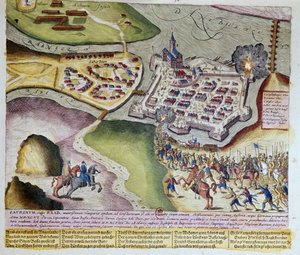 Zdobycie Raab przez Adolfa Schwarzenberga 28.03.1598 r. 1653 Druk Franza Hogenberga (1535-1590) Cabinet des Estampes, B.N, Paryż.