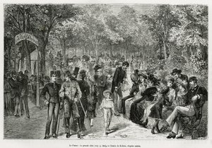 Prater: wspaniały chodnik. Rycina Kollarza, ilustrująca historię Wiednia i jego przedmieść, autorstwa M. Newlińskiego, w 1881 r., opublikowana w Tour du monde, pod kierunkiem Edouarda Chartona (1807-1890) autorstwa Franz (after) Kollarz
