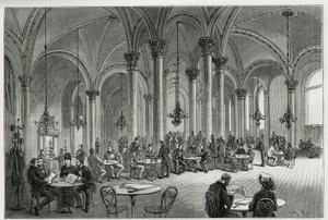 Centralna kawiarnia w Wiedniu (Austria). Rycina Kollarza, ilustrująca historię Wiednia i jego przedmieść, autorstwa M. Newlińskiego, w 1881 r., opublikowana w Tour du monde, pod kierunkiem Edouarda Chartona (1807-1890) autorstwa Franz (after) Kollarz