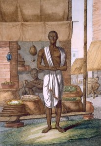 Sklep spożywczy przed sklepem z towarami w workach, z „Hindusi, czyli opis ich manier, strojów i ceremonii”, ok. 1808-12 (kolorowa akwaforta) autorstwa Franz Balthazar Solvyns