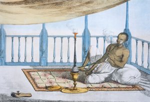Mężczyzna palący sziszę z haszyszem lub opium, z "Les Hindous ou la Description de leurs Moeurs Coutumes et Ceremonies", pub. 1808-12 (akwaforta barwna)