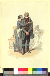 Ida Schuselka-Brüning jako pomocnik piekarza Georg oraz Carl Carl jako dzierżawca Landry w „Wieczorze, nocy i poranku w Paryżu” autorstwa Franz Gerasch
