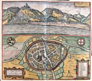 Dokładna ilustracja miasta Munstermaifeld w Maifeld, Niemcy autorstwa Franz Hogenberg