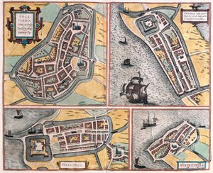 Bolsward, Stavoren, Harlingen i Hindeloopen, Holandia (grawerowanie autorstwa Franz Hogenberg