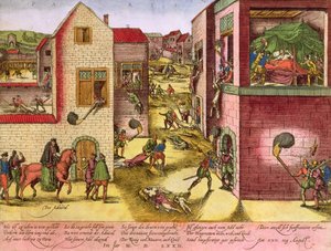 Śmierć admirała Gasparda II de Coligny (1519-72) w czasie masakry św. Bartłomieja w 1572 r. (zob. 158612 dla bw) autorstwa Franz Hogenberg