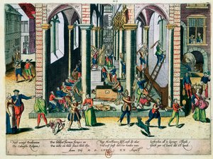Zniszczenie relikwii i posągów w kościołach, kwiecień 1566 (kolorowa rycina) autorstwa Franz Hogenberg