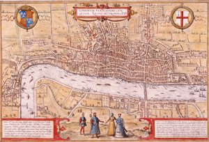 Mapa City of London, Southwark i części Westminster, 1572 autorstwa Franz Hogenberg