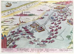 Bitwa morska u wybrzeży Hagi Naval pomiędzy żebrakami morza a Hiszpanami w 1573 r. (kolorowy grawerunek) autorstwa Franz Hogenberg