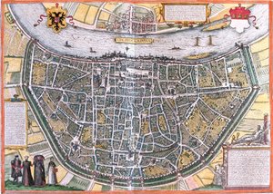 Plan Kolonii (Colonia Agrippa), Niemcy (akwaforta) autorstwa Franz Hogenberg