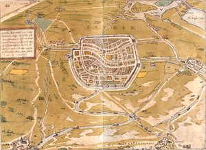 Plan Leiden (Leyden), Holandia (akwaforta autorstwa Franz Hogenberg